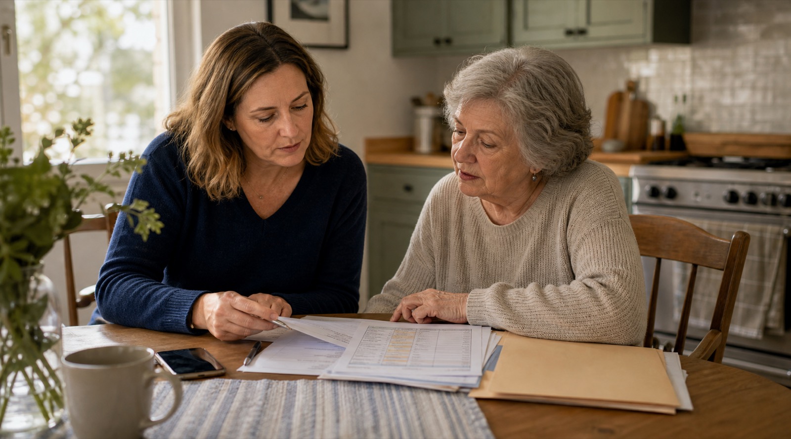 Adult child and aging parent reviewing documents together at a kitchen table